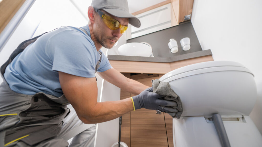 A man installing an incinerator toilet in his RV