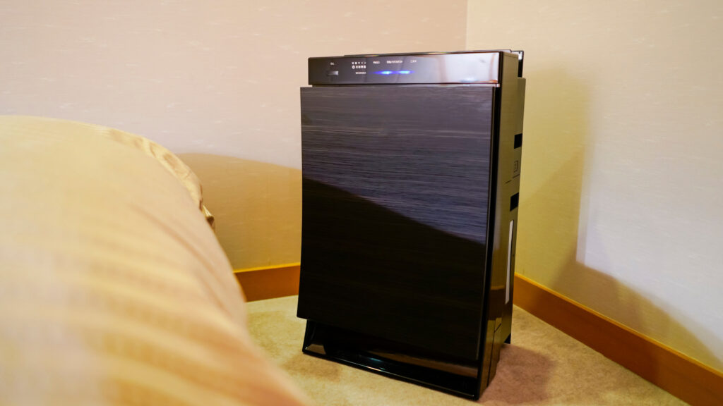 A dehumidifier in an RV bedroom to decrease the chance of mold under a mattress