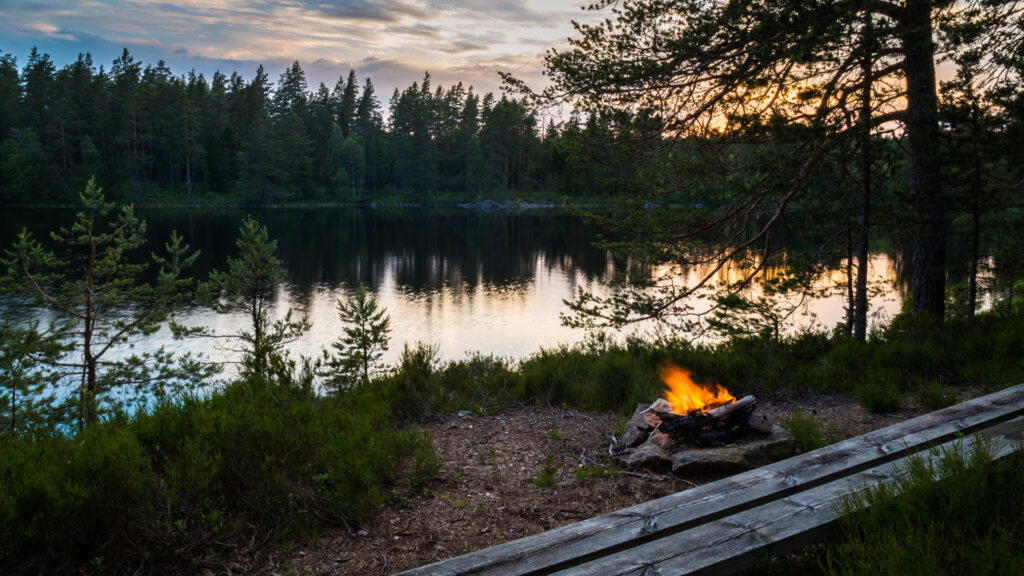 A lit campfire at a campsite