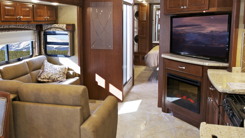 An RV living room with a TV to watch Netflix