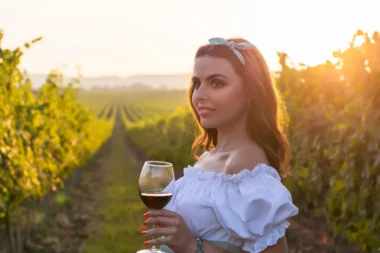 Woman tasting wine in Georgia vineyard