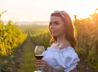 Woman tasting wine in Georgia vineyard