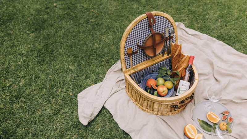 A picnic basket on a blanket for national picnic day