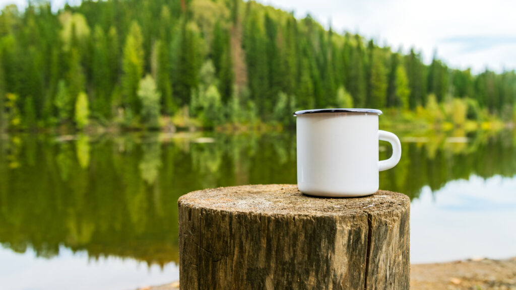 A camping mug on a tree stump