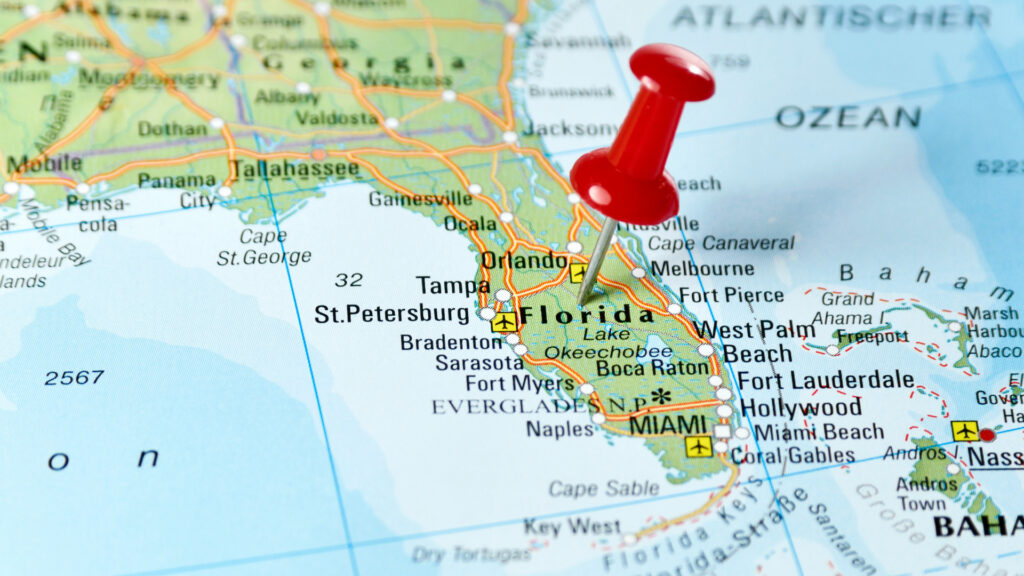 Close up of Florida on a map