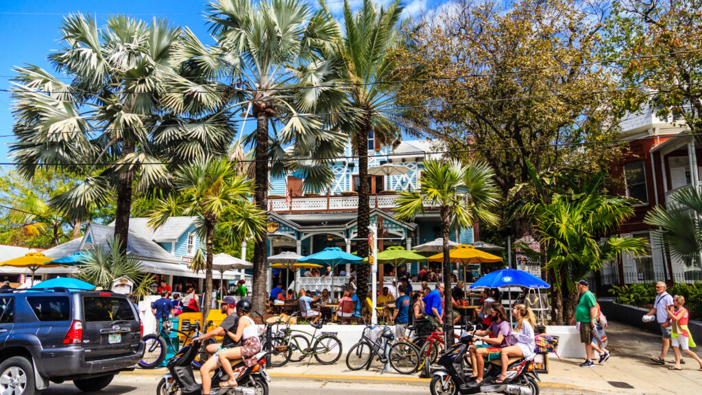 View of Duval Street in Key West Florida filled with tourists