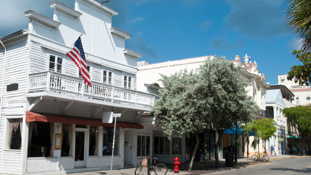 View of shops in Duval Street in Key West Florida 