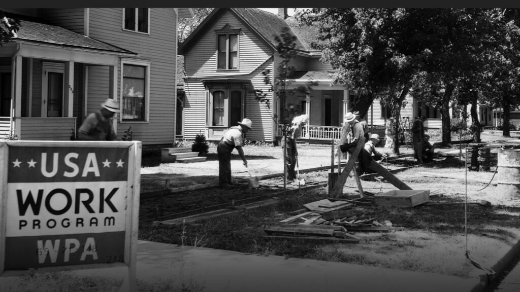WPA workers doing construction outside of a home