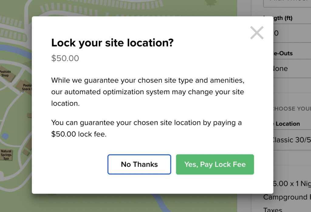 Screenshot of a campground with a site fee