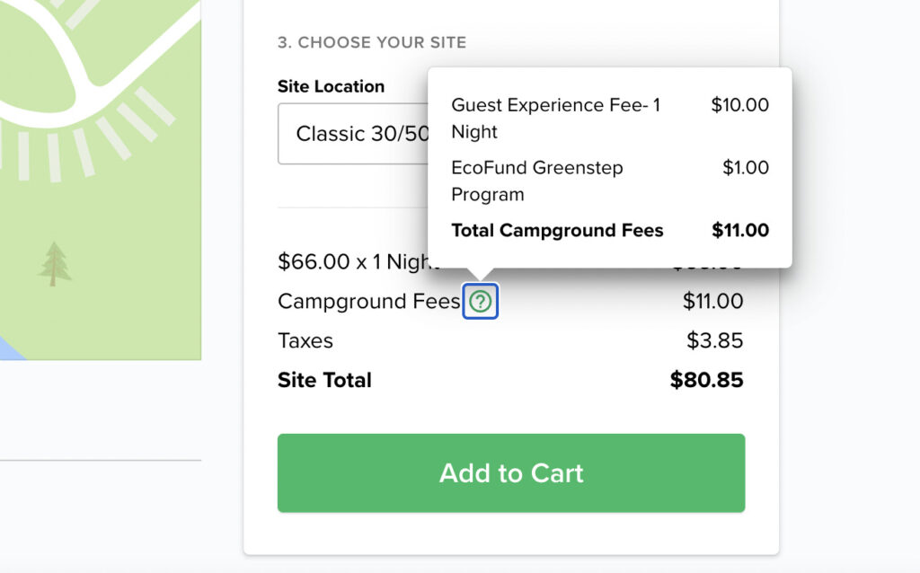 Screenshot of a campground with guest experience fees