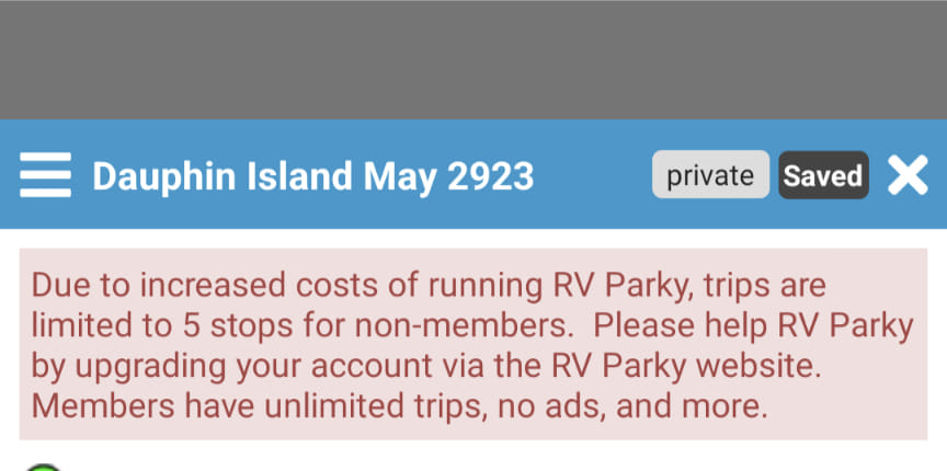 A screenshot of the increased cost for RVparky 