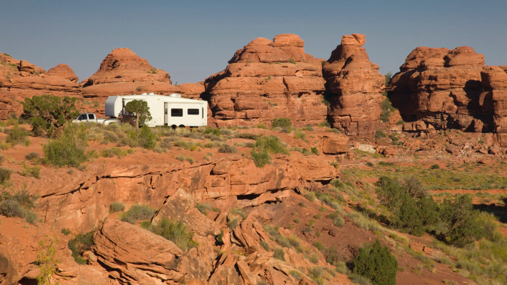 An RV parked at Lovell Canyon Campground