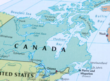 A close up of a map of Canada