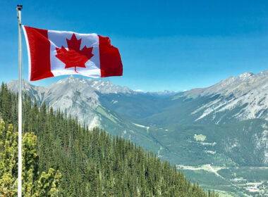 View of a Canadian Flag in the mountains