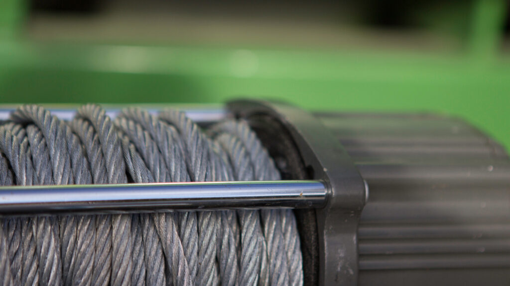 Close up of a truck winch cable 