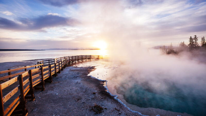 View of a Yellowstone hot spring by the boardwalk