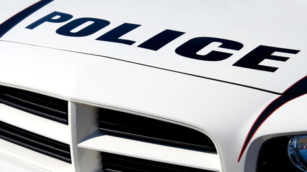 The front of a police car