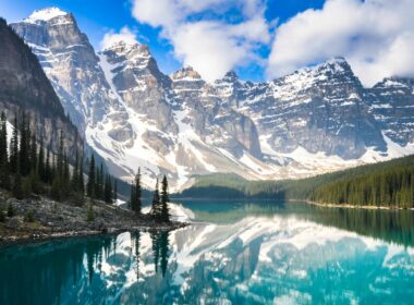 Reflections of the mountains on Moraine Lake in Banff National Park