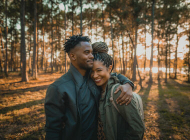Couple posing together in NJ state forest