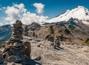Close up of rock cairns on a hiking trail