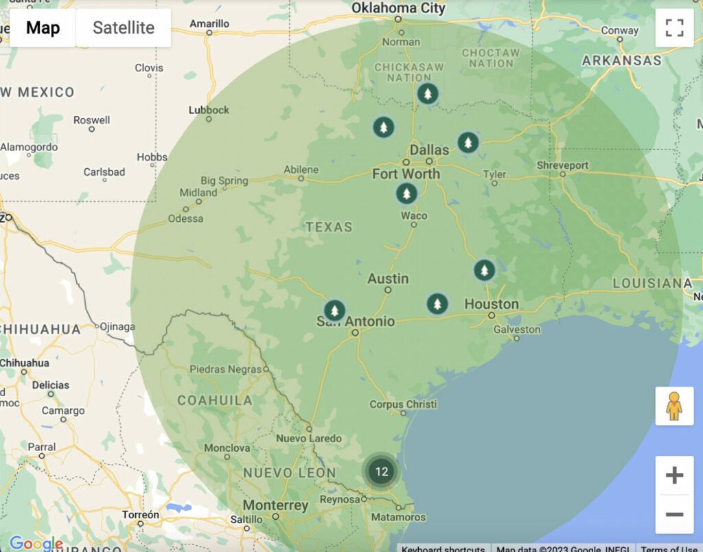 A screenshot of a map showing the Thousand Trails Texas locations. 