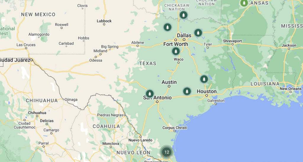 A screenshot of a map showing the Thousand Trails park locations in Texas. 