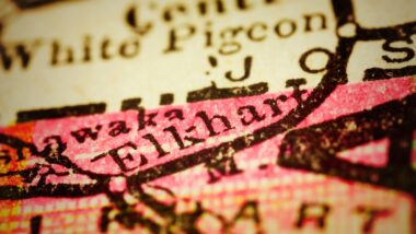 Close up of Elkhart, Indiana on a map