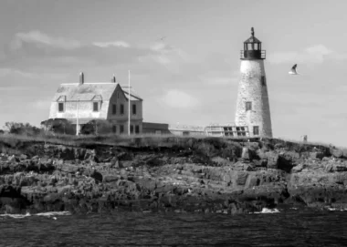 A black and white photo taken of the the abandoned Wood Island Lighthouse in Maine with growth on the tower and dirty shingles covering the attached house.