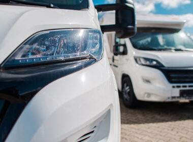 Close up of RVs at an RV dealership