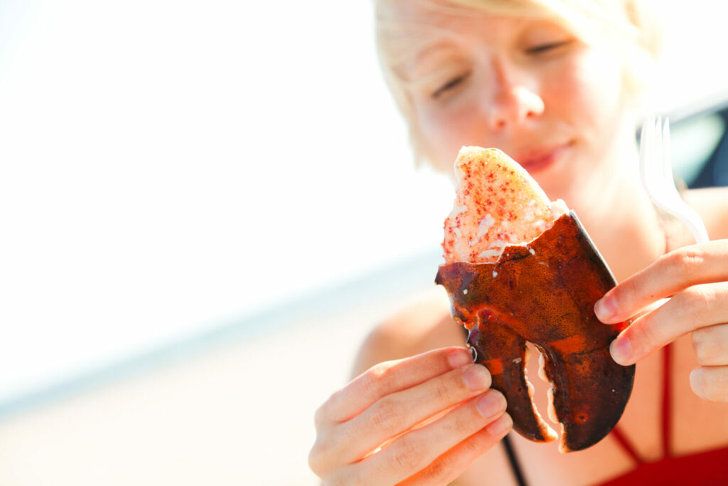 Girl eating lobster claw in Maine.