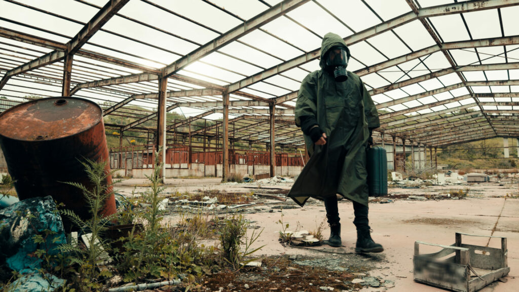Man with gas mask walking through old abandoned Colorado nuclear building