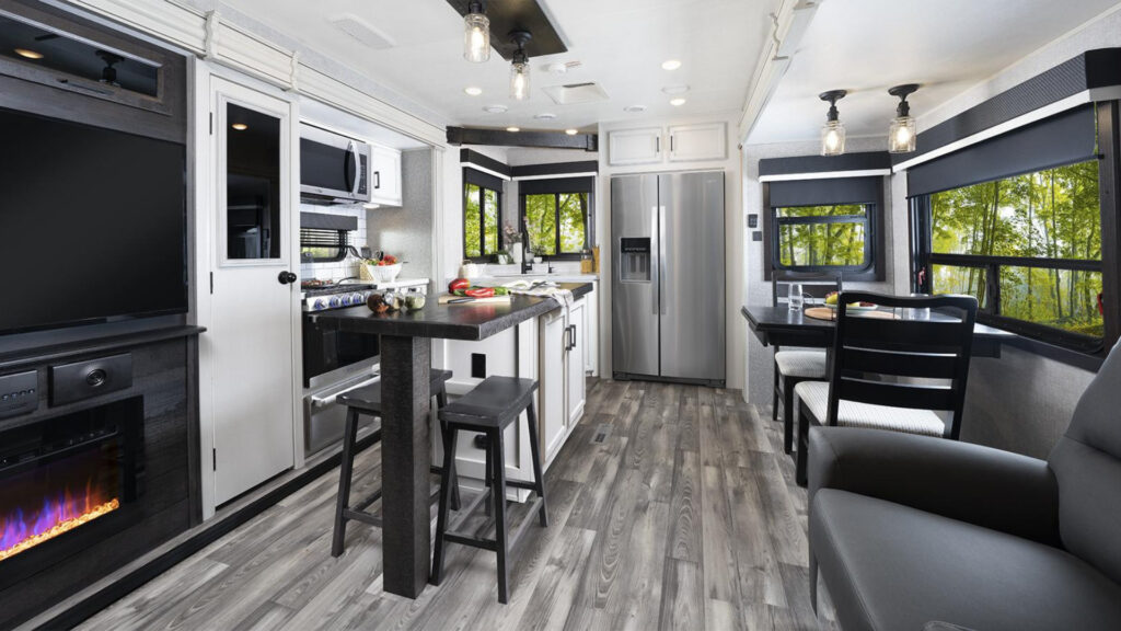 The kitchen and living area inside a Jayco Eagle 330RSTS