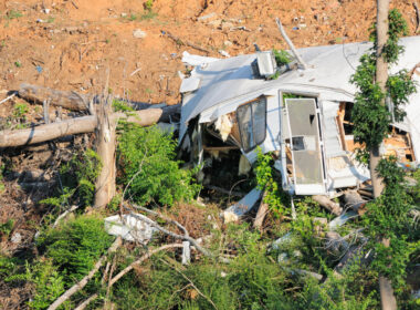 An RV destroyed after being hit by a storm in Branson, Missouri