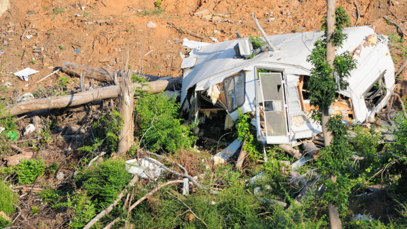 An RV destroyed after being hit by a storm in Branson, Missouri