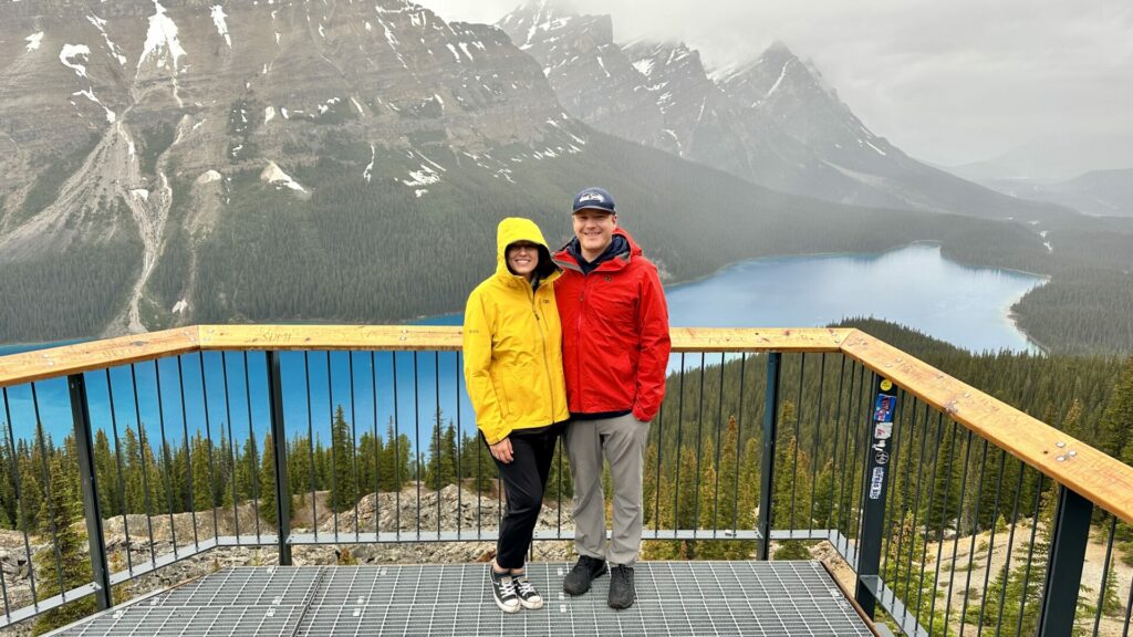 A couple at Peyto Lake, a stop along the Icefields Parkway