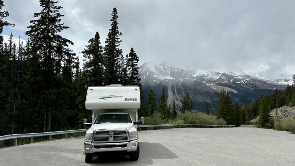 An RV parked off the Icefields Parkway