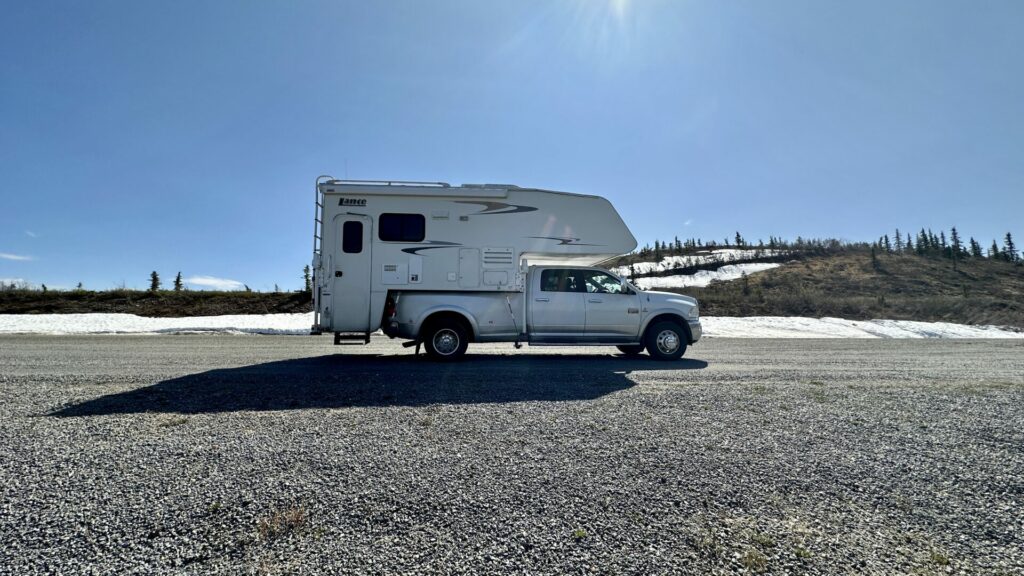 An RV parked on a pull-out along the Top of the World Highway