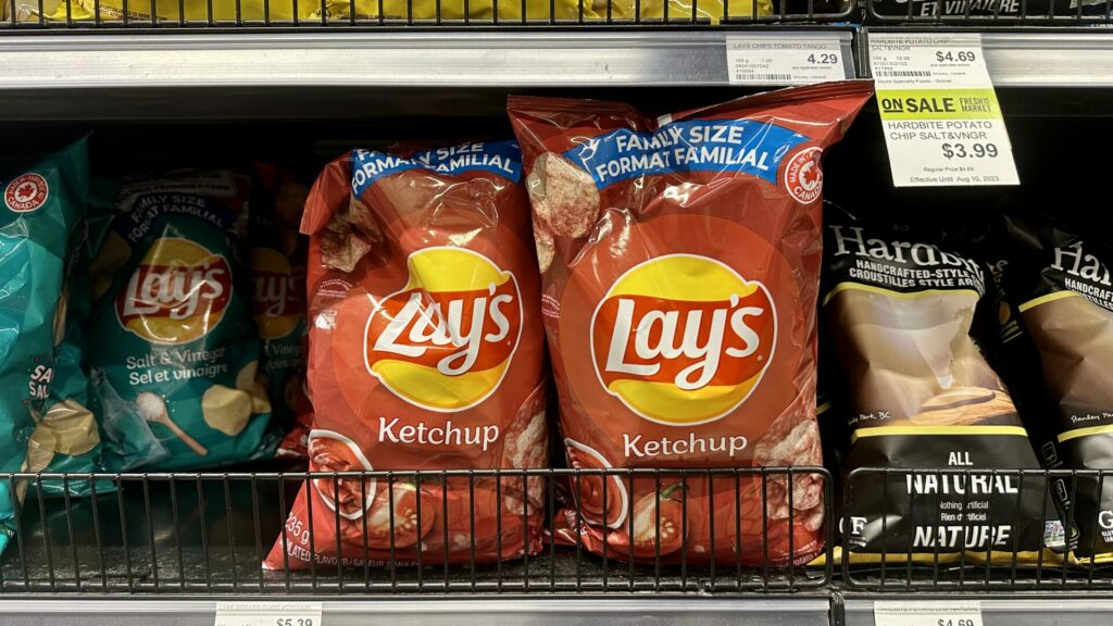 Lay's ketchup chips displayed in a store in Canada.