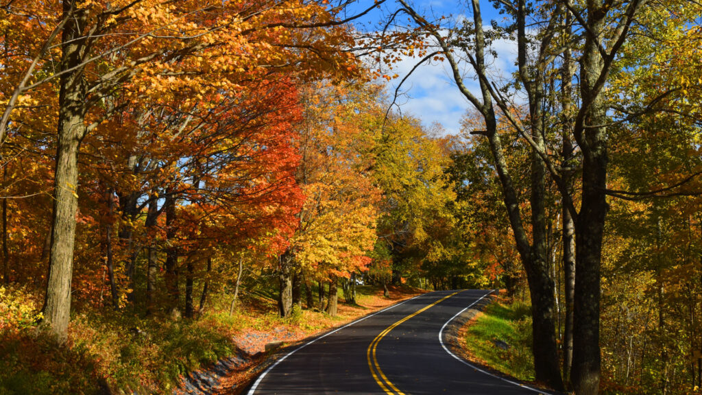 View of a road in Stowe, Vermont during fall