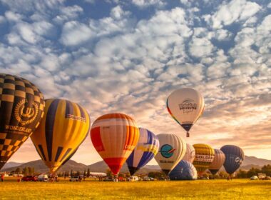 A row of hot air balloons lined up for a morning flight at the Albuquerque Balloon Fiesta.