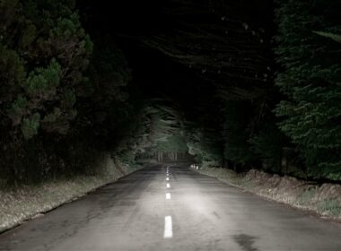 Headlights illuminate a dark old country road with a sharp curve up ahead into the woods.