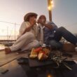 A couple of baby boomers toast with champagne while sitting on the deck of a sailboat at sunset.