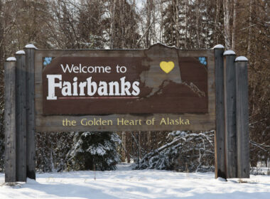 A welcome sign as you enter Fairbanks, Alaska.