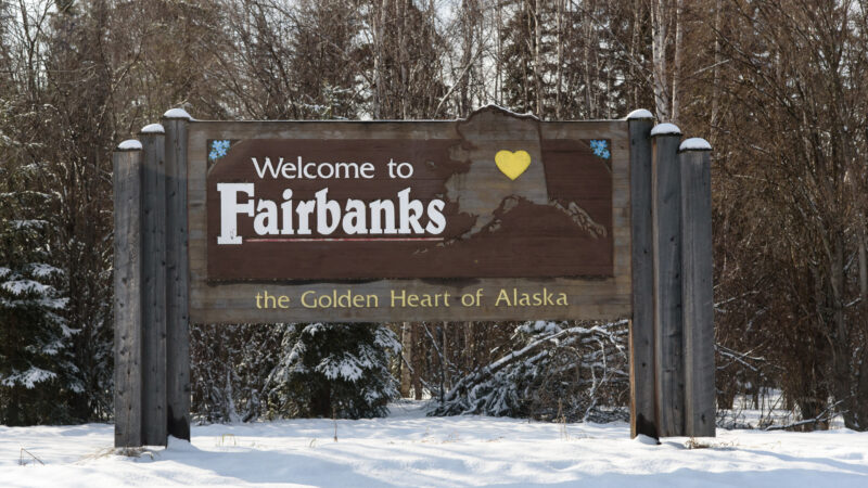 A welcome sign as you enter Fairbanks, Alaska.