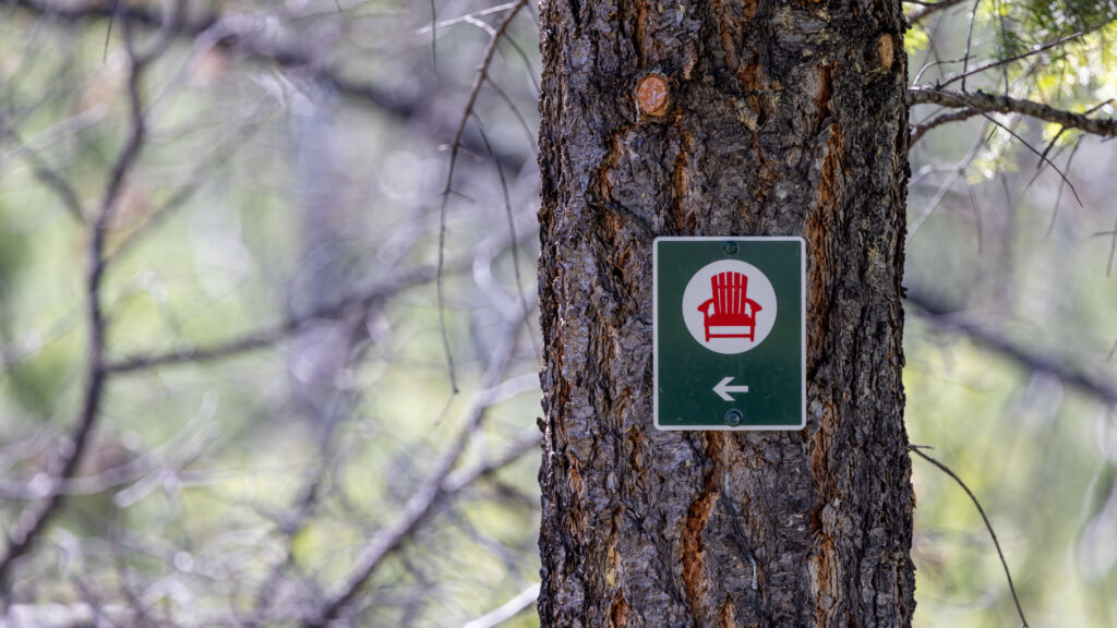 A sign on a tree in a Canada national park pointing to where the red chairs are located.