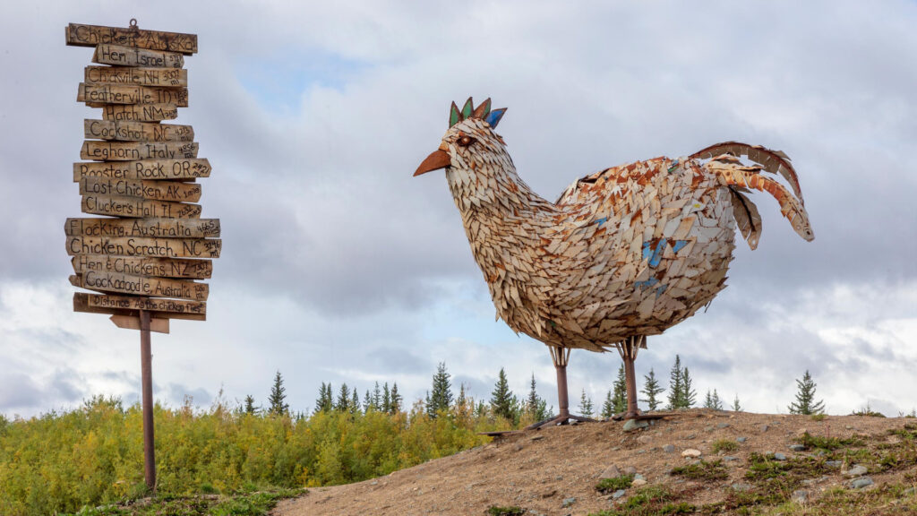 A chicken statue in Chicken, Alaska.