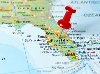 Close up of Florida on a United States map.