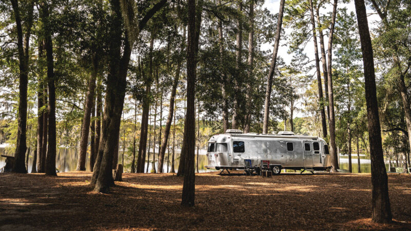 An Airstream Classic parked in the woods during a camping trip.