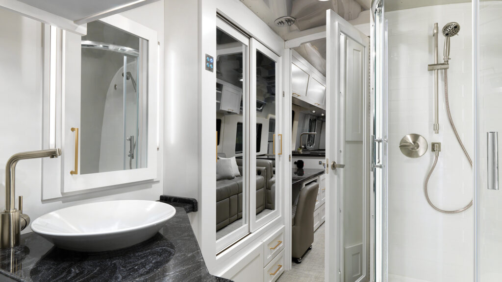 Inside an Airstream Classic bathroom.