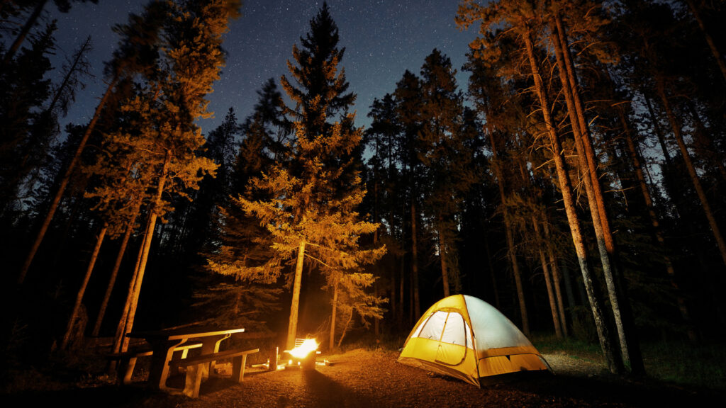 A tent set up at night at a campground in Anchorage, Alaska.